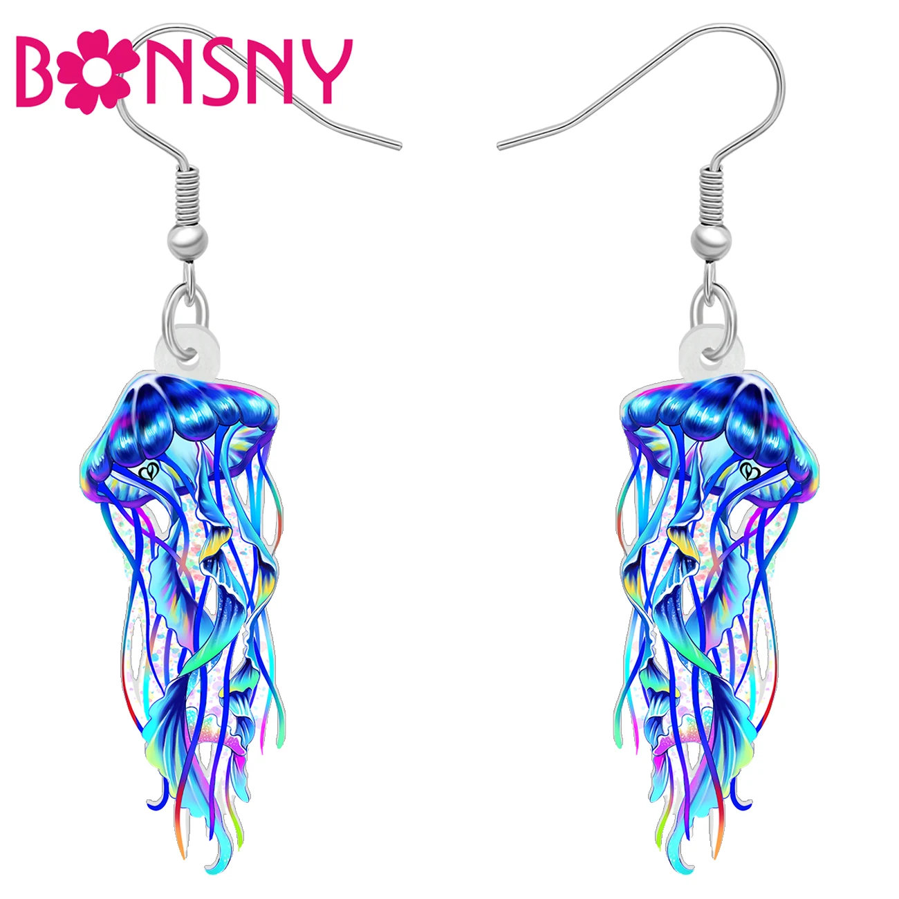 BONSNY Acrylic Cartoon Blue Jellyfish Dangle Drop Earrings Jewelry For Women Girls Kids Trendy Gifts