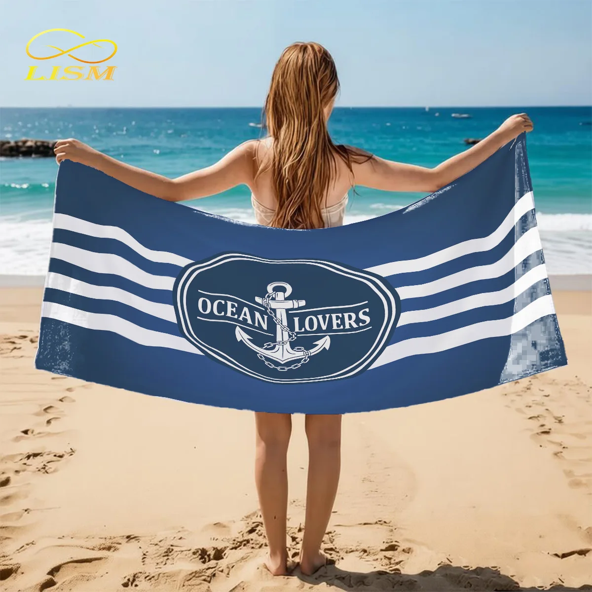 

LISM Nautical Anchor Beach Towel, "OCEAN LOVERS" Blue White Stripe Quick - Dry Towel for Beach, Pool & Vacation