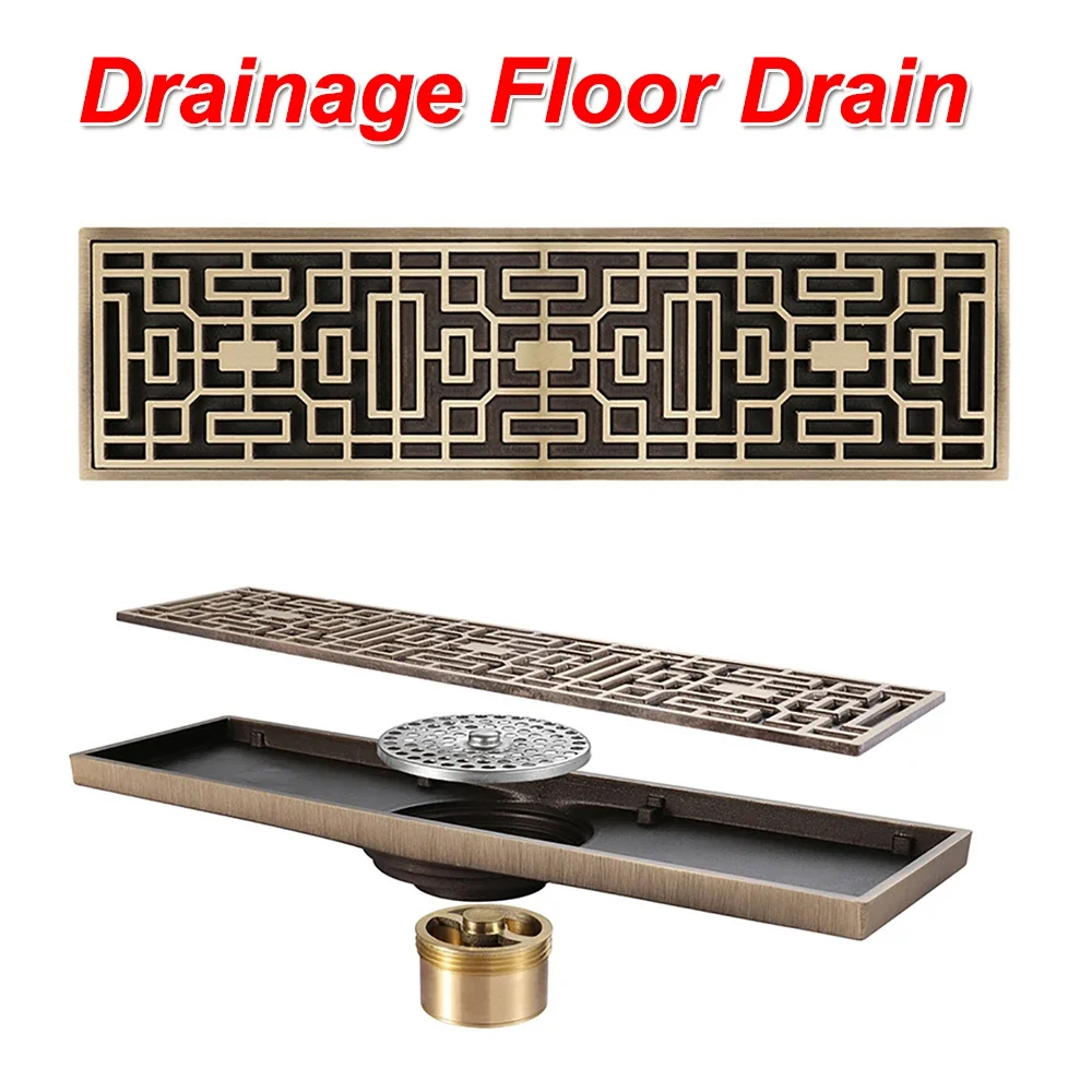 

Euro Style Brass Antique Art Brushed Carvd Drain Rectangle Bathroom Drain Shower Room Porch Waste Strainer Floor Drain 300x80mm