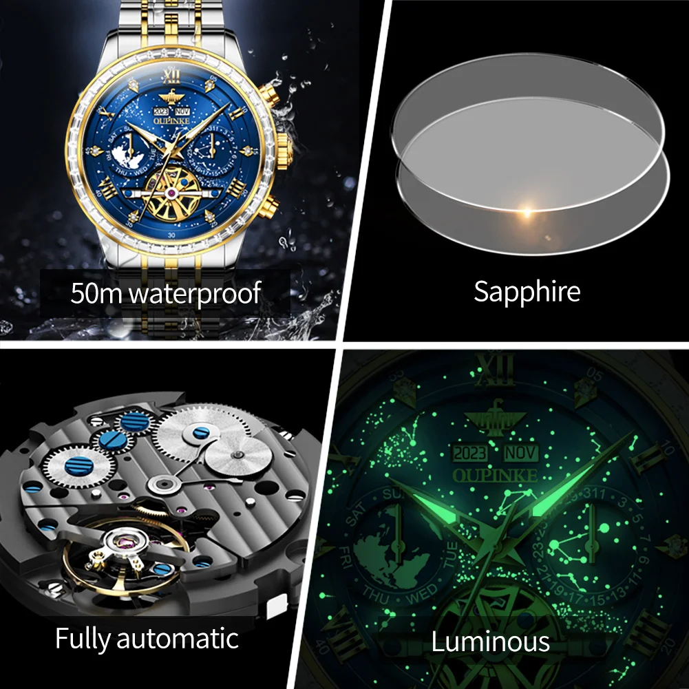 OUPINKE 3255 Luxury Automatic Watch For Men Starry Sky Dial Hollow Mechanical Hand Clock Auto Date Waterproof Man Dress Watches