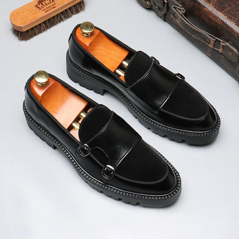 

PopFashion Men's Casual Leather Shoes Men Classic British Style Monk Loafers Mens Slip-on Thick Sole Heightened Shoe Patchwork