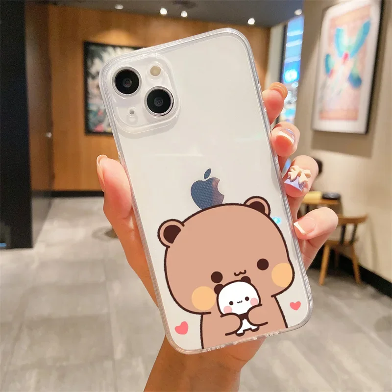 Funny Cartoon Bear Clear Couple Paired Phone Case For iPhone 17 14 13 11 12 15 16 Pro Max Mini SE 7 8 Plus Lovers Cover Fundas