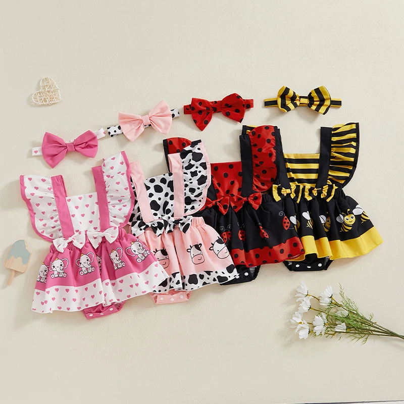 Infant Baby Girls Rompers Dress Bee/Ladybug/Cow/Elephant Print Fly Sleeve Skirt Hem Jumpsuits Summer Bodysuits with Headband Set