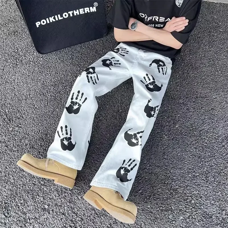 High Street Palm Print White Jeans Men's Straight Slim Flare Hip Hop Trendy Denim Pants