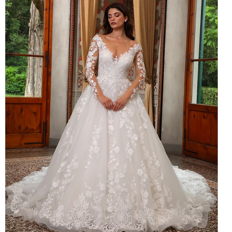 

Graceful Wedding Dress A-Line Organza With Embroidery Ball Gown O-Neck Full Sleeve Bridedress Customized Vestido De Novia Button