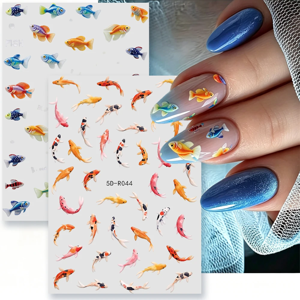 1/2 Stück Bunte Koi-Goldfisch Nagelkunst-Aufkleber Niedliche Goldene Blaue Glückskarpfen Nagelsticker Aquarell-Goldfisch-Teich Maniküre-Dekoration
