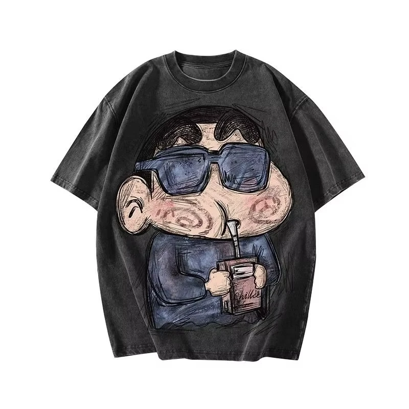 

Men's and women's retro hand-painted short-sleeved T-shirt American oversized washed cotton aged loose-fitting casual top