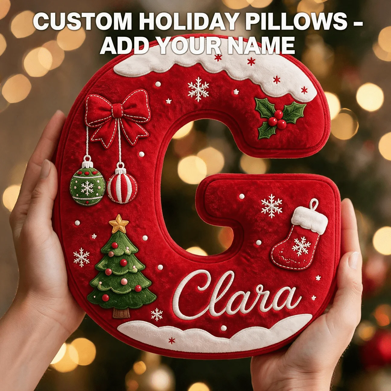 Custom Photo Letter G Shaped Pillow Red Christmas Cushion with Name Personalized Gift for Sofa Bedroom Home Decorate Kias Adults