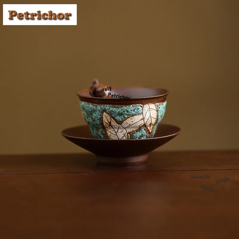 40ml Old Rock Mud Green Turquoise Carved Gourd Teacup Aesthetic Tea Bowl Jug Tea-tasting Fragrance Cup Chazhan Master Cups Gift