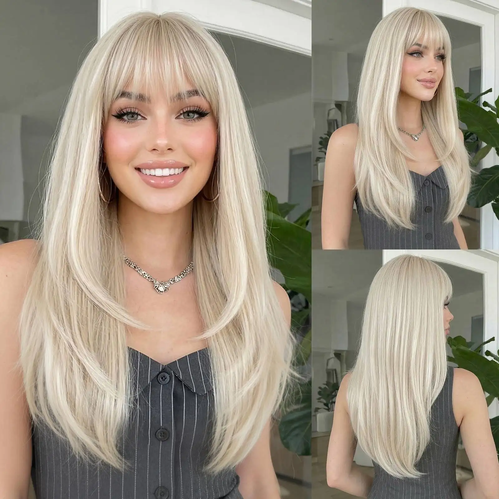 

Platinum Blonde Long Layered Straight Wigs with Fringe 22 Inch Heat Resistant Synthetic Hair Natural Looking Adjustable Wig for Daily Wear