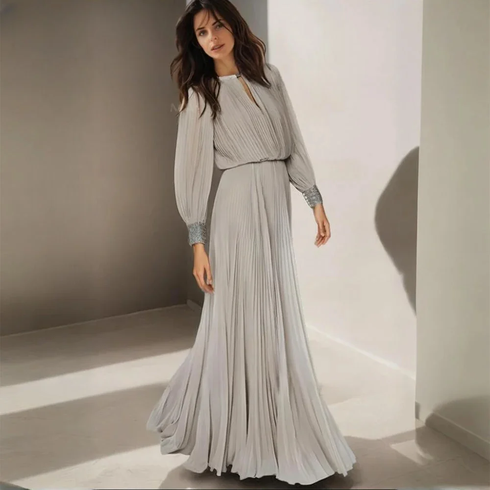 

Evening Dresses Long Sleeve Pleated A-Line Women's Formal Evening Gowns Luxury Chiffon Prom Gown Elegant Party Gown for Cocktail