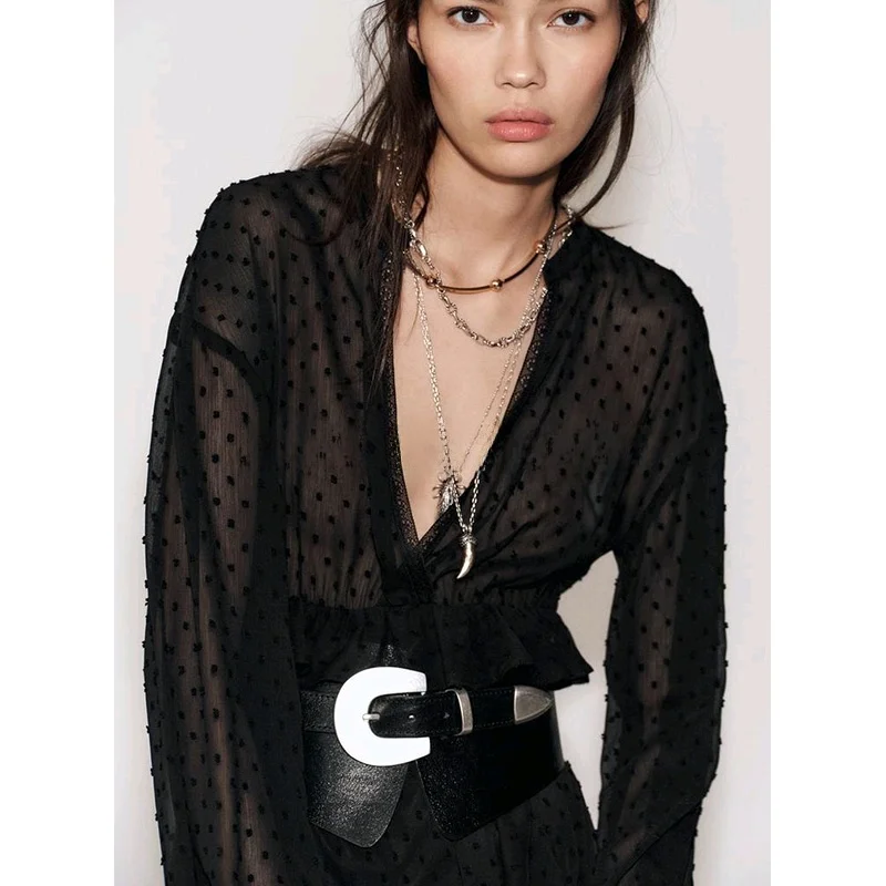 Spring New Women's Hepburn Sle Layered Decoration Faion Thin Veil Long Sve V-ne Dr High Waist A-line Skirt