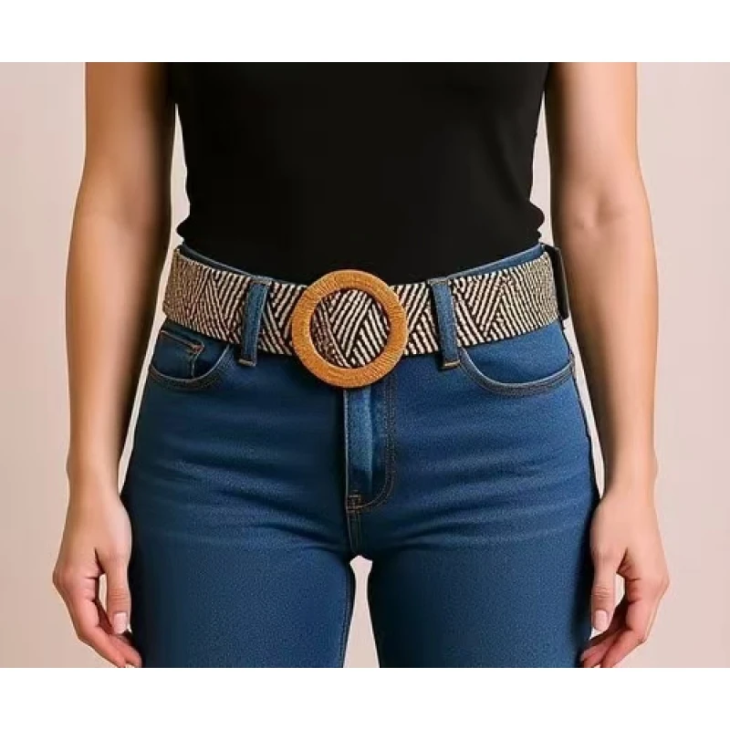 Bohemian spring and summer PP grass lafite elastic woven log buckle beautiful casual ethnic style women's belt