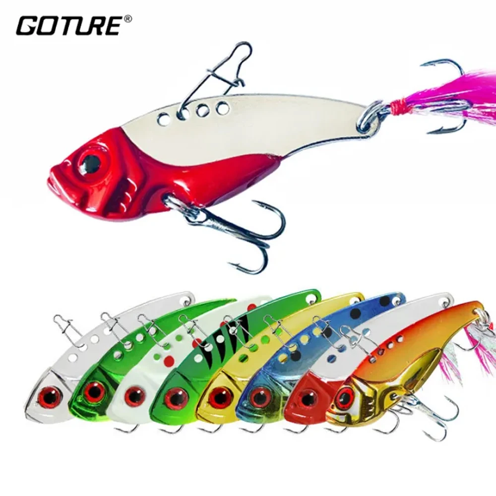 Goture 7g 12g Metal Fishing Lure Spoon Hard Bait All Waters Fishing Sinking Bait VIB Artificial Bait with Feather