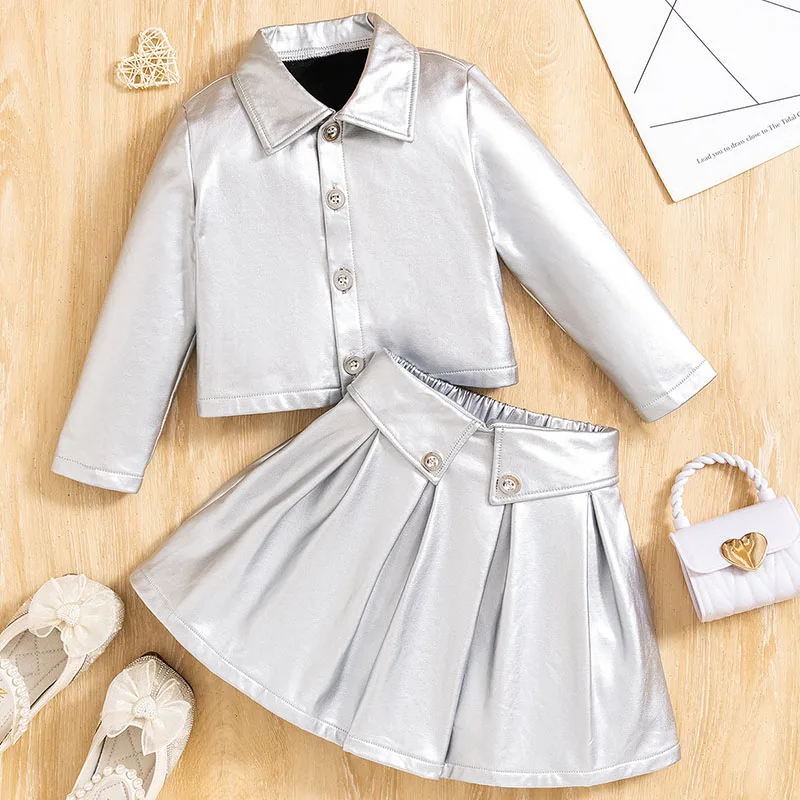 

2Piece 2025 Spring Autumn Baby Girl Clothes Korean Fashion Long Sleeve PU Tops+Skirt Children's Sets Boutique Kids Clothing B111