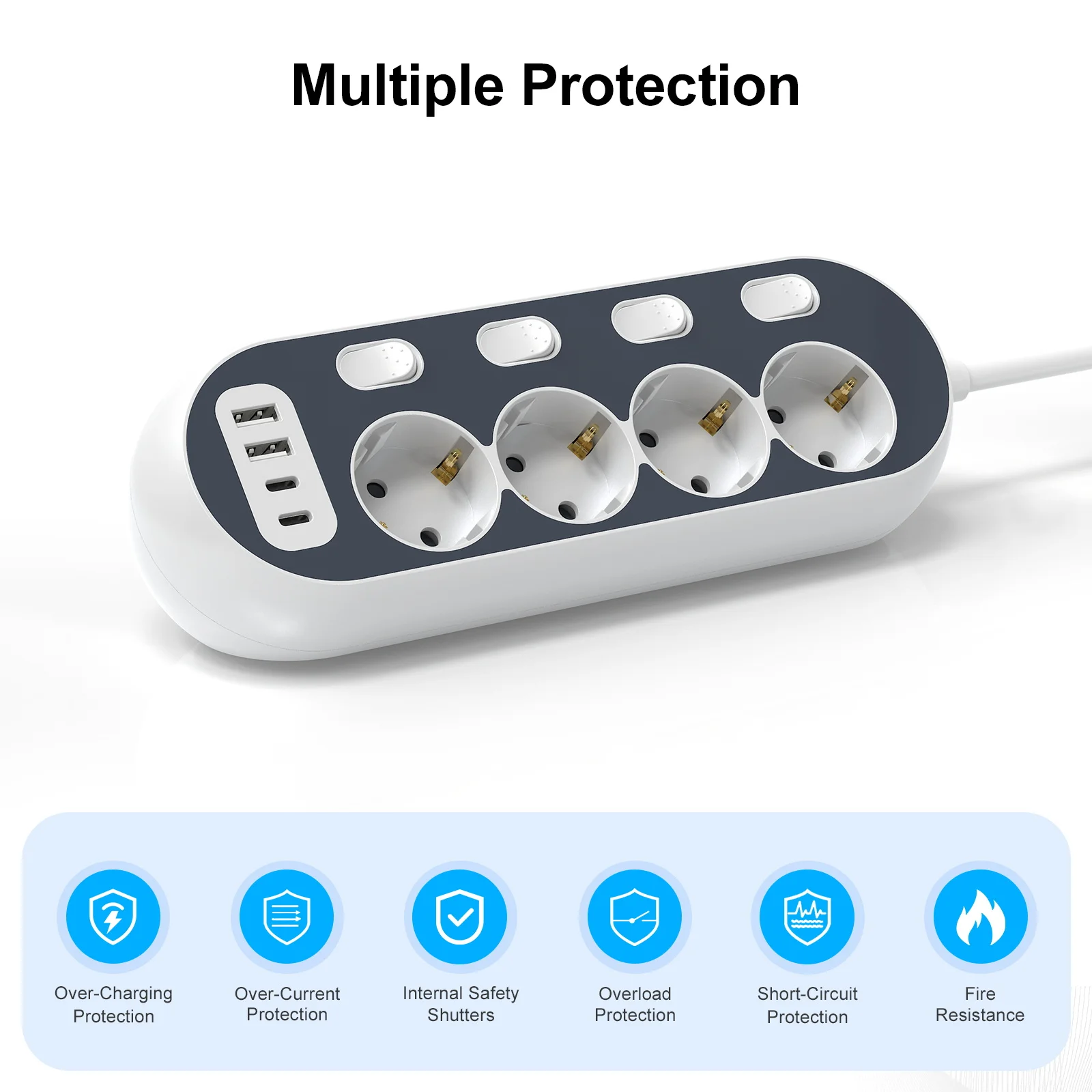 شريط طاقة 8 في 1، 4 مقابس تيار متردد + 2 منفذ USB A + 2 منفذ USB C، شحن سريع 3.4 أمبير، حمايات متعددة، كابل تمديد 2 متر