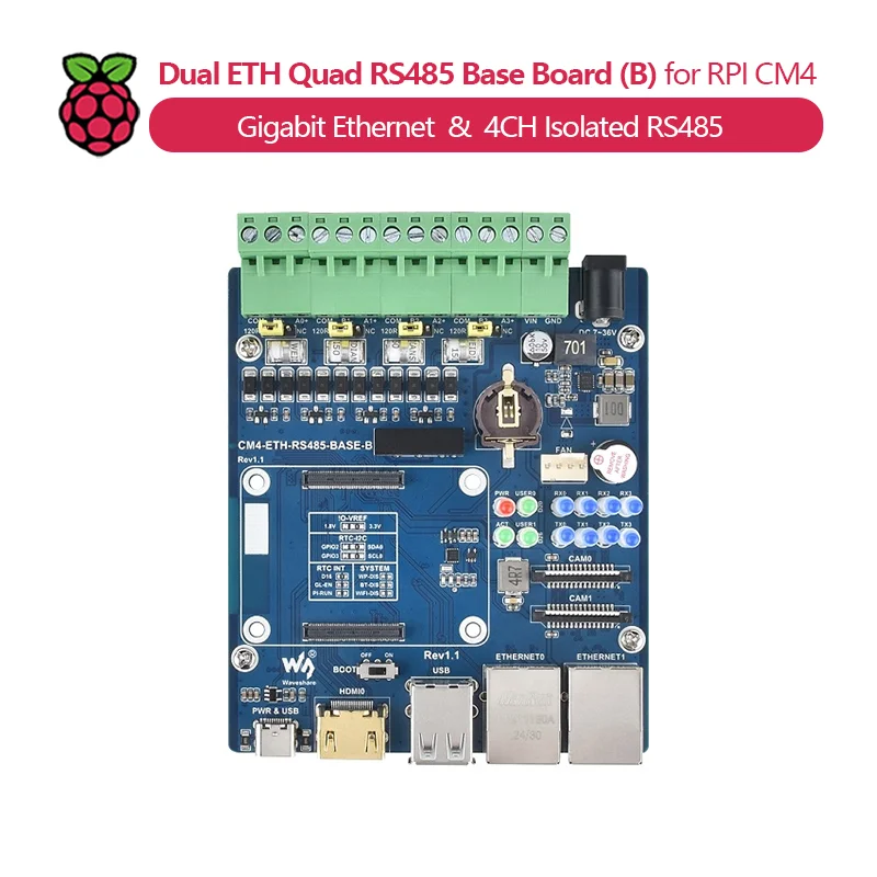 Dual Ethernet 4-Channel Isolated RS485 Base Board (B) / Optional Complete Unit, for Raspberry Pi CM4, Gigabit Ethernet, USB 2.0