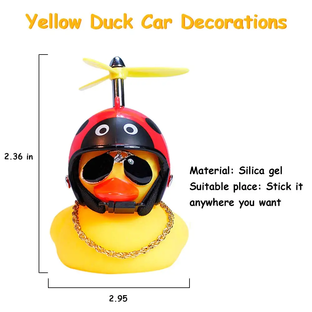 Rubber Duck Car Ornaments, 2Pcs Yellow Duck Car Dashboard Decorations Squeeze Duck Bicycle Horns with Propeller Helmet