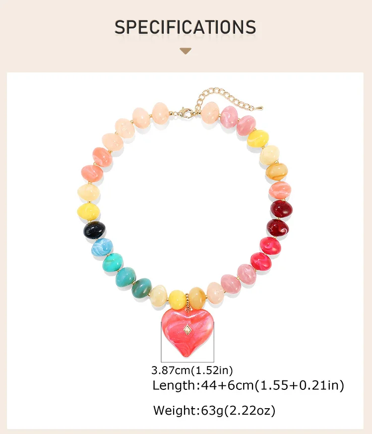 Regenbogen-Harzperlen-Halskette für Frauen, Großer Herzanhänger mit Kristallbesatz, Dopamin Sommer Strand Y2K Statement-Schmuck – Detail 3