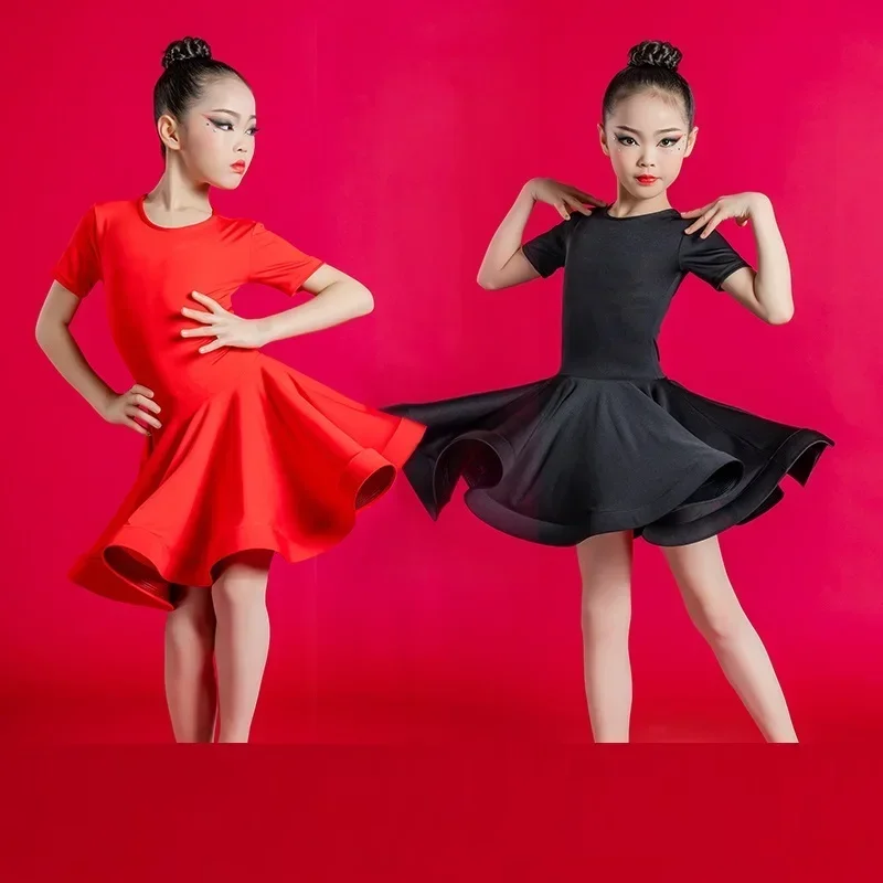 Girl Latin Dance Dress Ballroom Children Dance Costume Salsa Black Red Kids Tango Dresses Dancing Stage Performance Clothing