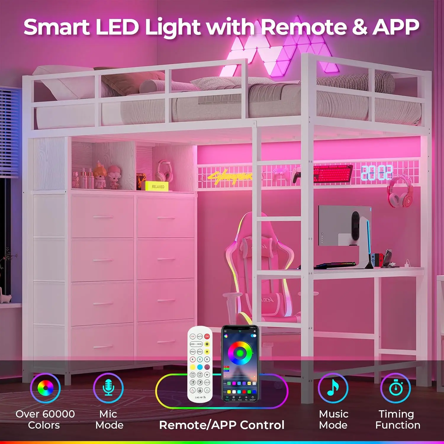 سرير توأم مع مكتب، 8 أدراج، أضواء LED، أبيض