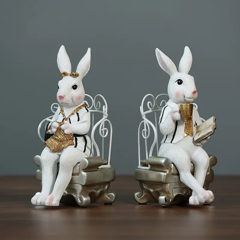 Nordic Chair Couple Rabbits Creative Resin Decoration Home Bookcase Desktop Bunny Ornament