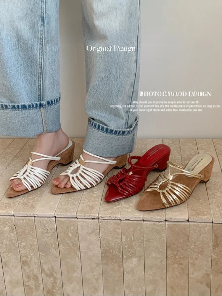 comfortable-roman-style-pointed-toe-slippers-women's-shoes-easy-to-wear-sandals-fashionable-thick-heel-two-way-wear