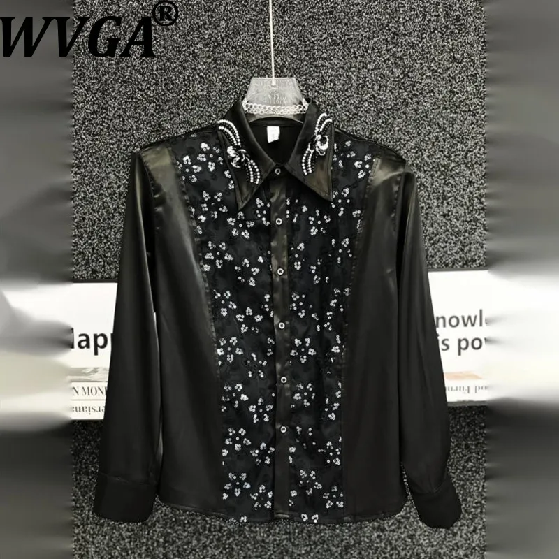 

Мужская рубашка WVGA: Новинка Весна-Осень, Элитная, с пэчворком, тяжелой вышивкой и пайетками, Модная, с длинным рукавом, Нишевая, Шикарная, Повседневная, Топ W22028