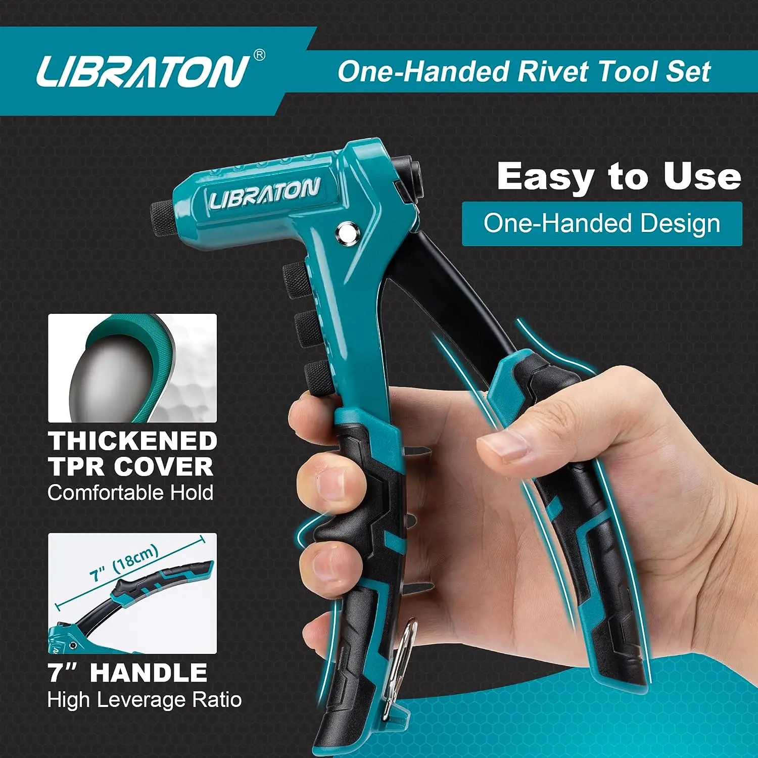 Libraton Rivet Gun Kit for Metalworking, One-Handed Professional Hand Riveter, Manual Riveting Tool with 200 Rivets for Metal