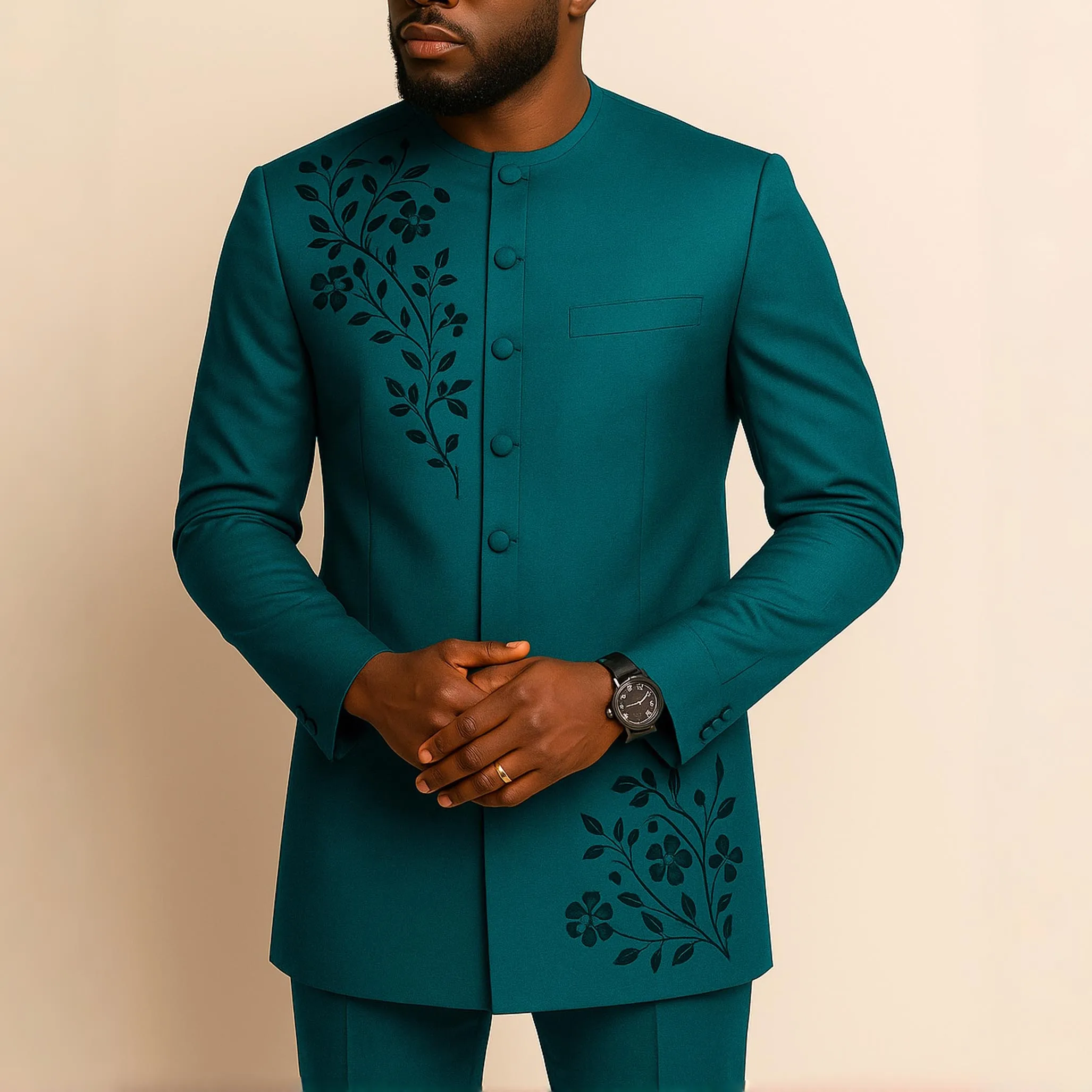 Conjunto de 2 Peças para Homens com Camisa de Manga Longa Bordada e Calças, Traje de Casamento Masculino, Vestuário Casual Étnico