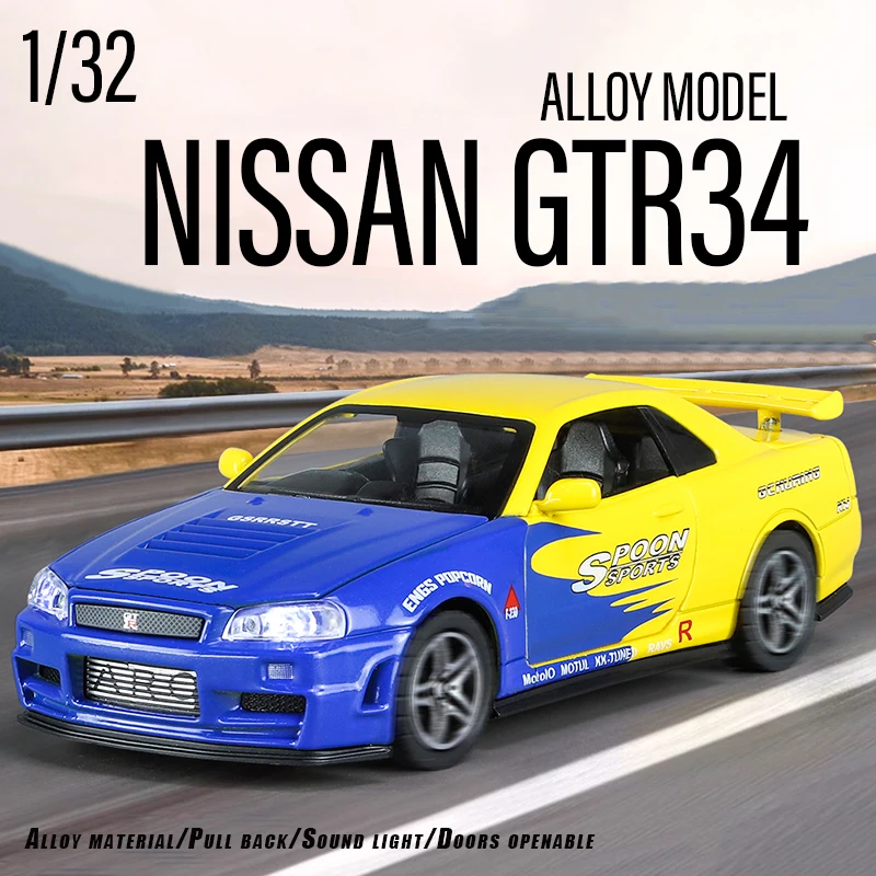 Diecast 1:32 Skyline Nissan GTR34 Alloy Diecast Classic Racing Car Model Sound Light Pull Back Kids Gift Boy Toys Collection Val