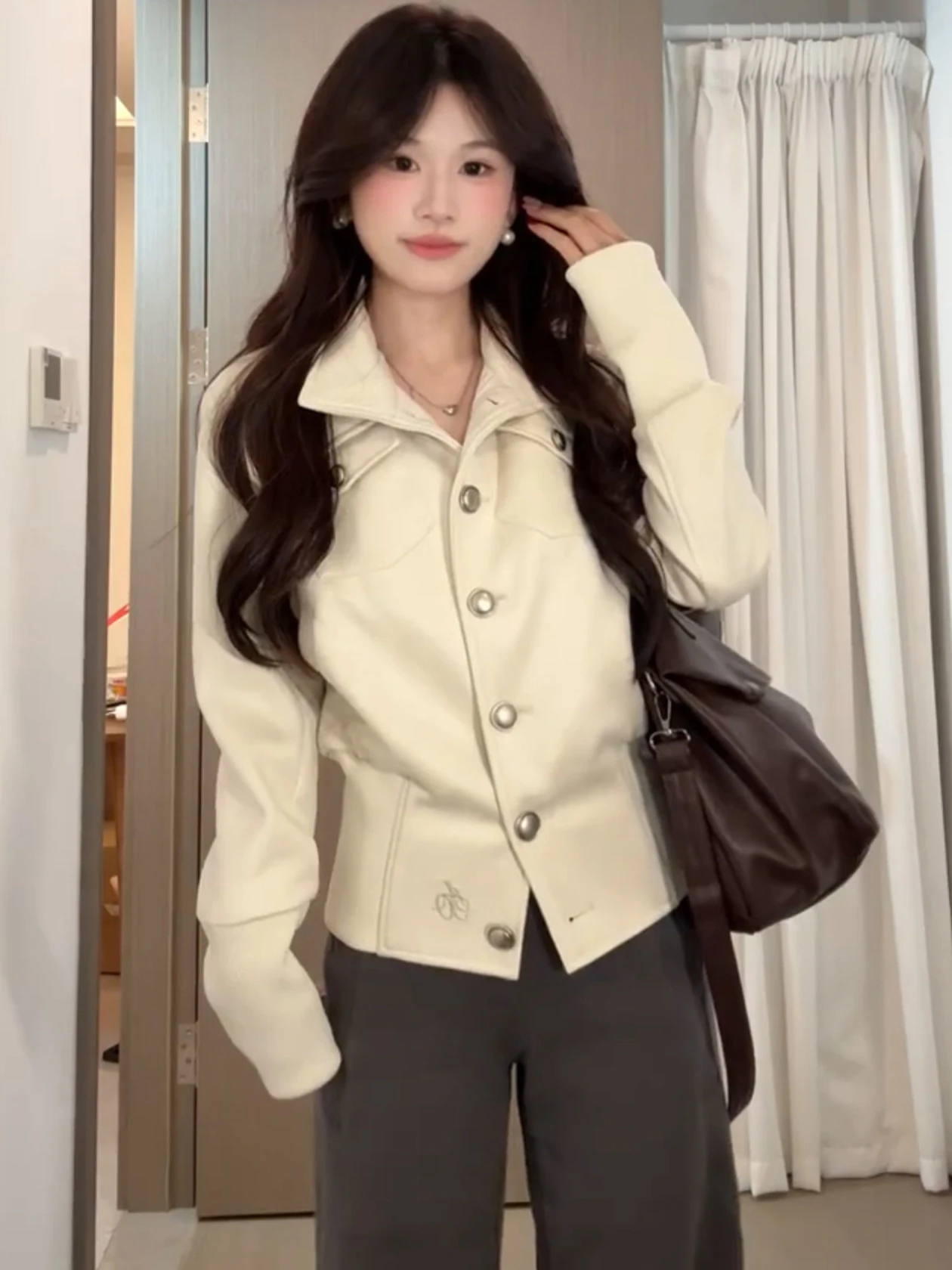 

Korean Style Short Suede Jacket Women's Slim Fit Stand Collar Coat Stylish Casual Outerwear for Ladies Spring Season
