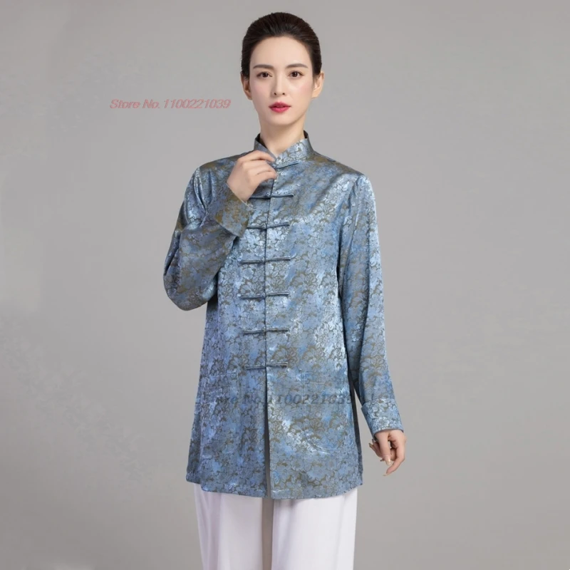 2025 kung fu chino tai chi artes marciales wushu uniforme satén jacquard tops + Pantalones conjunto wing chun entrenamiento ejercicio práctica traje