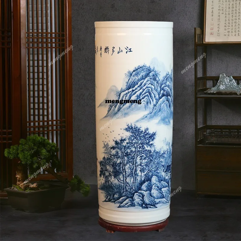 Ceramic hand-painted blue and white landscape floor-to-ceiling large vase quiver living room hotel decorative ornament