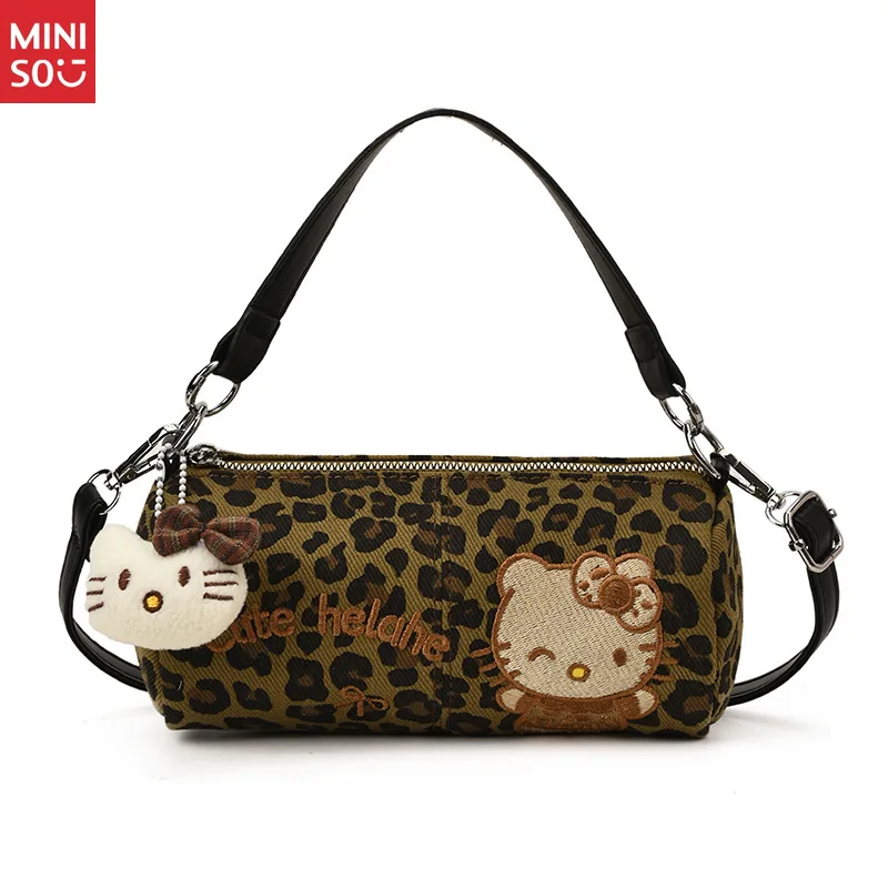 Miniso 2025 Fall Winter Hello Kitty Leopard Print Handbag, Cute Retro Crossbody Purse