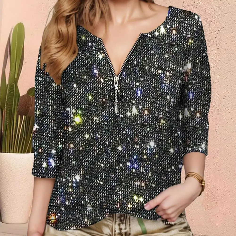 Women Sequin Shirt Sparkling Sequins Women's Long Sleeve Pullover Top With Zipper Half Placket Round Neck Regular For Stylish