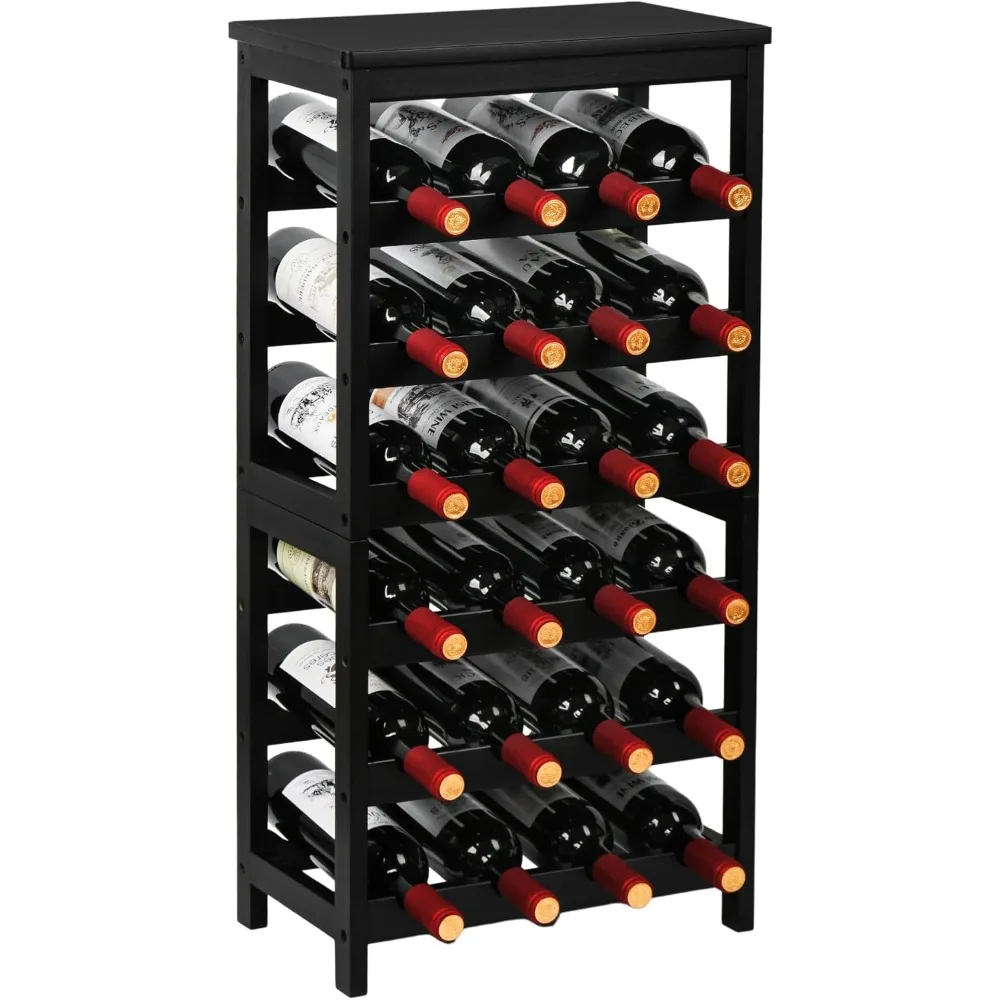 Wine Rack Freestanding Floor, 6-Tier Display Wine Storage Shelves with Table Top, 24-Botttle Bamboo Wine Rack Shelf for Kitchen