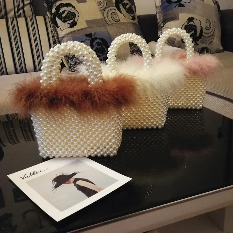 

New Autumn Winter Handcrafted Pearl Beaded Fur Basket Bag Single Shoulder Handbag for Women Elegant Fashionable Handbag