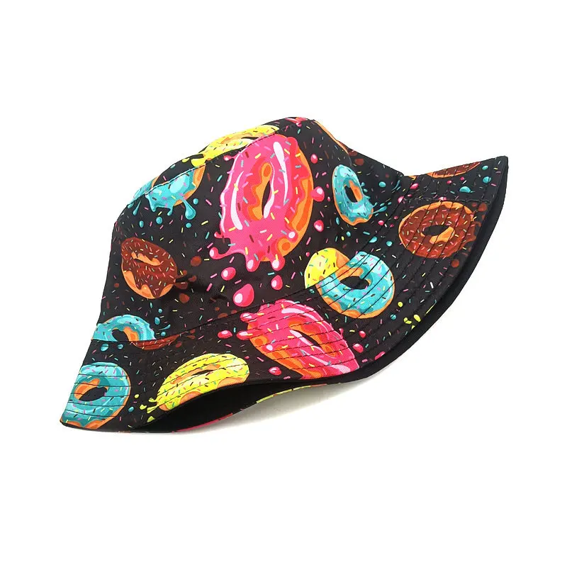 2023 Four Seasons Cotton Cartoon Donuts Print Bucket Hat Fisherman Hat Outdoor Travel Sun Cap for Men and Women 226