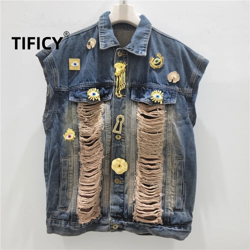 High Street Broken Hole Metal Decoration Denim Vest Women's Summer Sleeveless Camisole Trendy Fringed Lapel Jacket