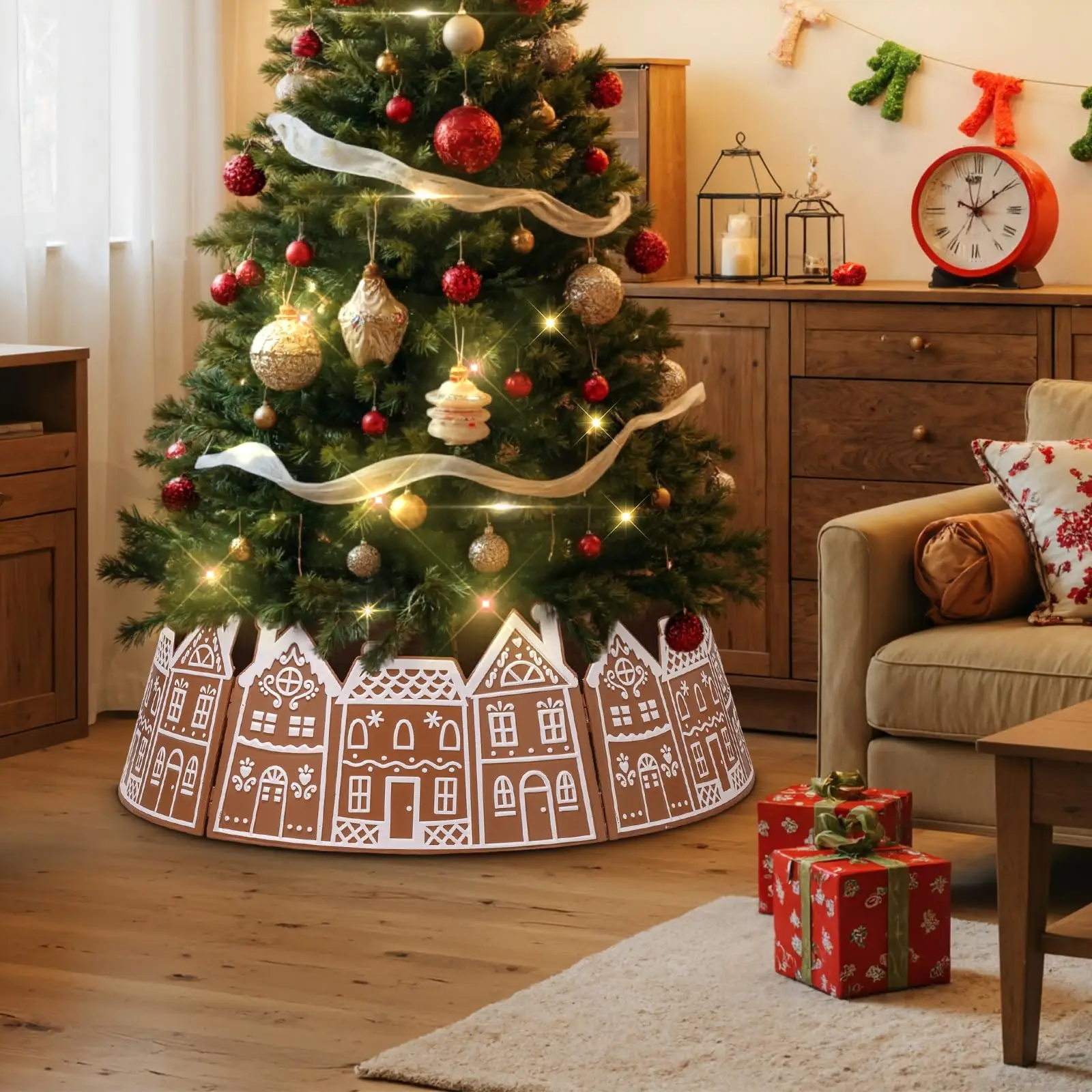 الزنجبيل منزل شجرة عيد الميلاد طوق 28 بوصة الزنجبيل الخبز البيت البلاستيك شجرة عيد الميلاد حلقة طوق لأشجار عيد الميلاد في الأماكن المغلقة #3