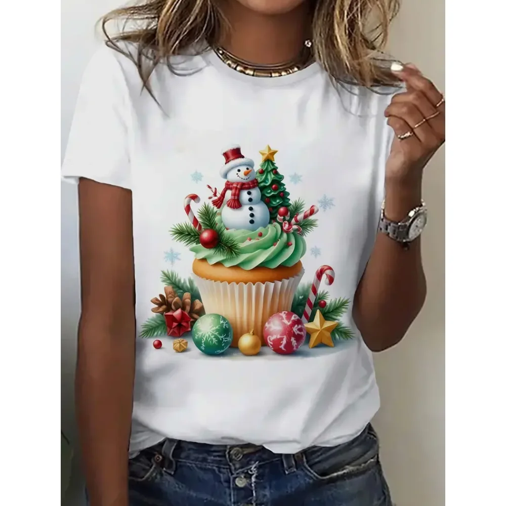 Santa Claus Print T Shirt For Women's X'mas Harajuku Streetwear Fashion Crew Neck Short Sleeve Tops New Year Gift Oversized Tees