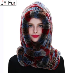 2024 Fur Hat Ladies Knitted Scarf 100% Real Rex Rabbit Fur Hooded Scarf Winter Warm Natural Novel Wool Hat Large Female Fur Hat