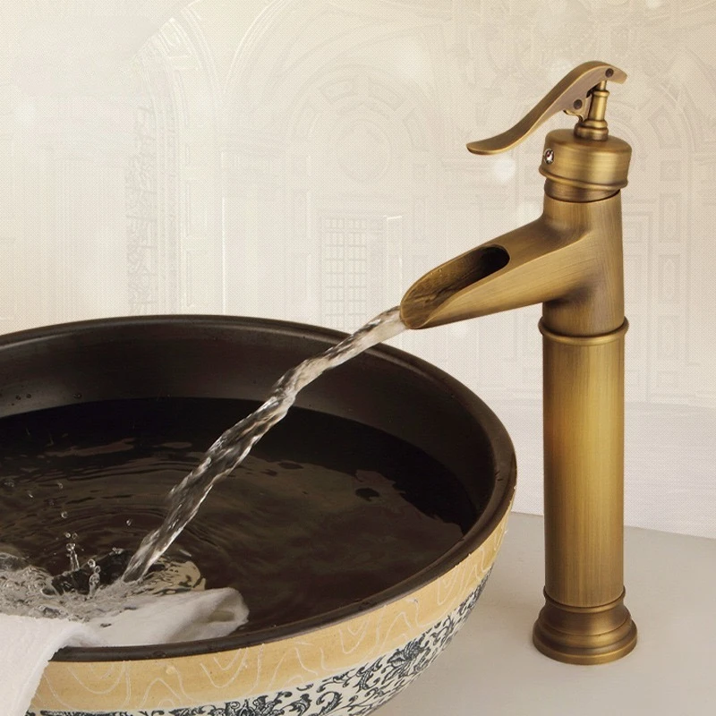 

Antique Basin Faucets Black Bronze Waterfall Faucet Bamboo Bathroom Sink Taps Single Lever Hot and Cold Water Mixer Taps