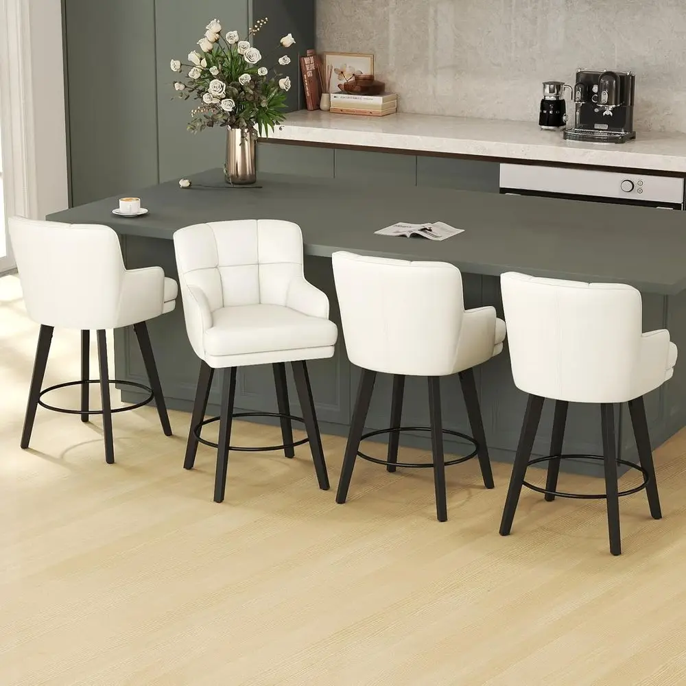 

360° Swivel Counter Height Bar Stools, 26 Solid Wood Legs, Beige Leather, Set of 4
