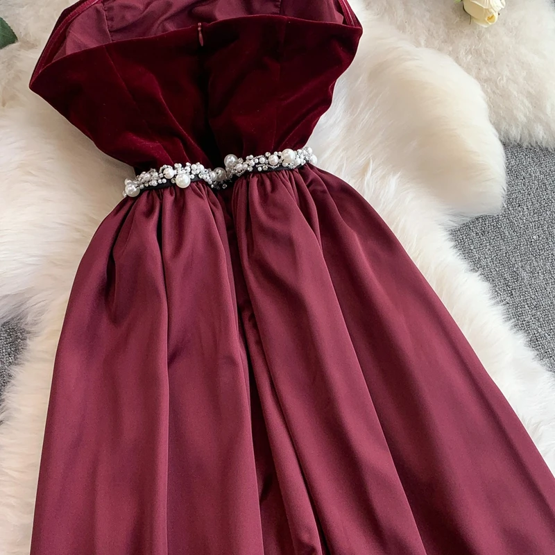 High End Women Engagement Satin Patchwork Velvet Strapless Dress Heavy Industry Nail Bead Waist Cinching Large Swing Dress