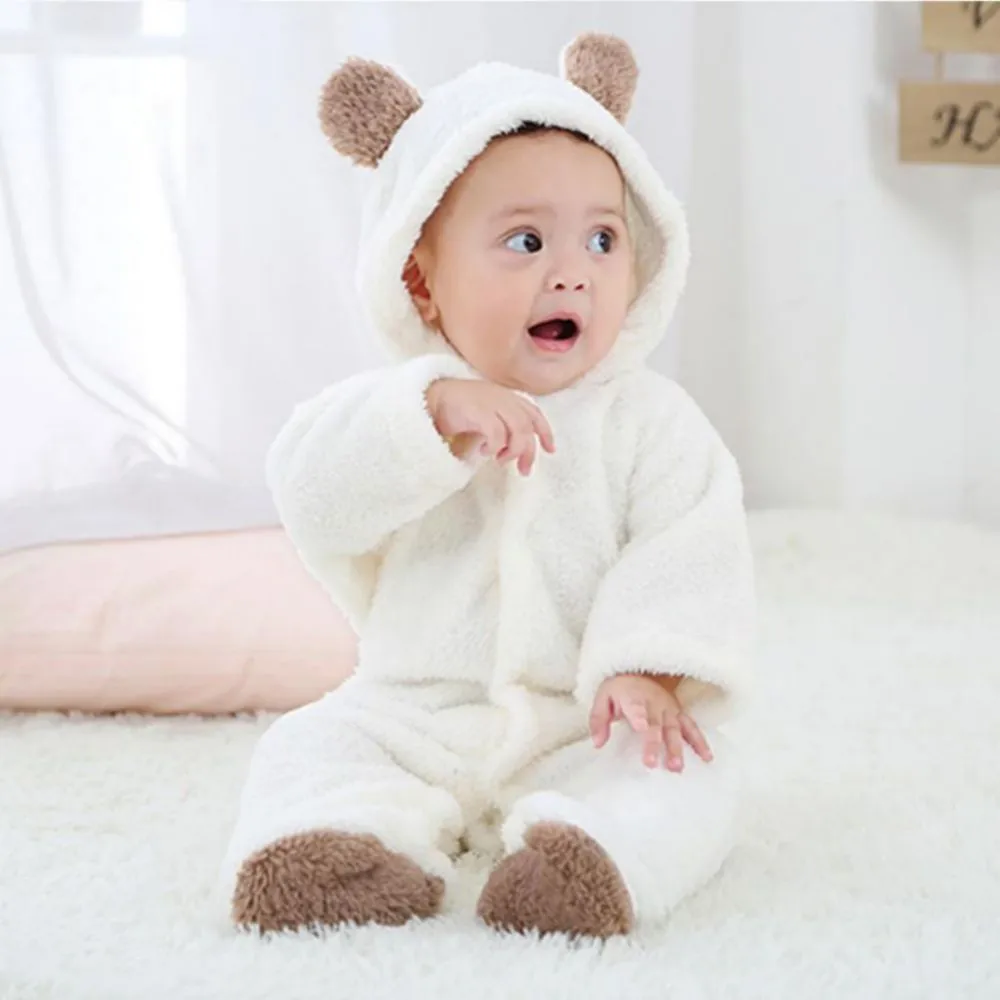 Newborn Baby Boy Girl Kids Bear Hooded Romper Jumpsuit Coral Fleece Bodysuit Clothes Outfits One Piece Outfit Toddler Playsuit