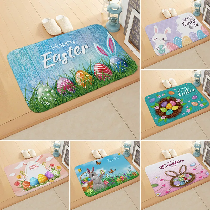 Easter Bunny Doormat Welcome Home Easter Rabbit Anti-Slip Door Mat Carpet Decor Doormat Flannel Kitchen Living Room Floor Mat