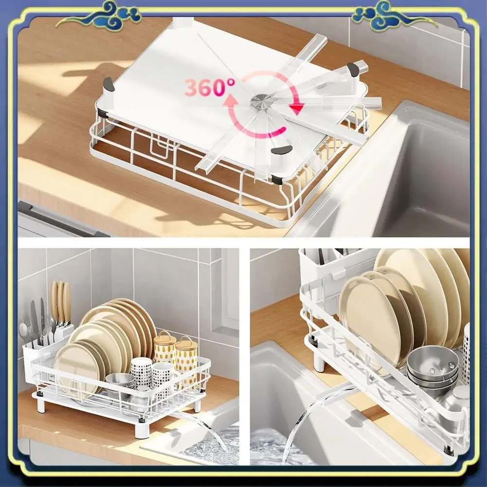 

A56P-Сушилка для посуды Компактная полка для посуды для кухонной столешницы со сливной пластиной, стойкой для столовых приборов и регулируемой поворотной насадкой