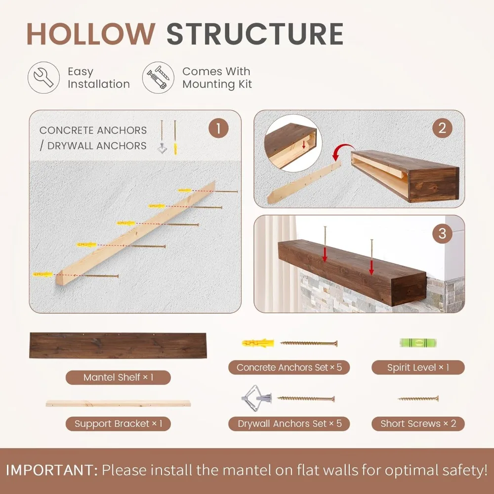 Good Gain Kaminsims 54 Zoll – handgefertigter rustikaler Kaminsims aus massivem Holz, schwebender Kaminsims, Regale, Dekor für Wand, Schlafzimmer, T